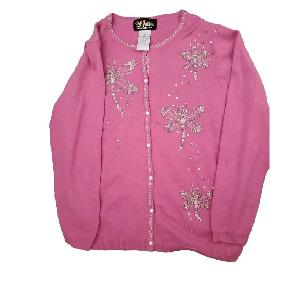 Bob Mackie Wearable Art Dragonfly S Beaded Sequined Button Down Pink Cardigan